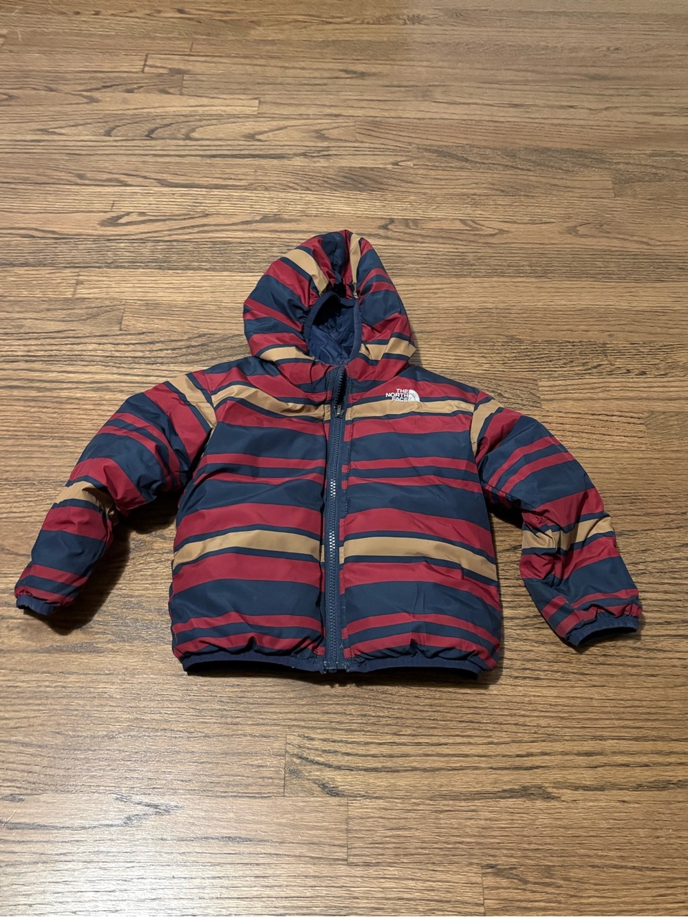 The North Face Striped Puffer 550 Jacket Reversible- Navy, Red, Tan -
